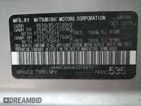 2019 Mitsubishi Eclipse Cross ES z VIN JA4AS3AA0KZ016473, wystawiony jako Copart lot #48197665 z przebiegiem 112 223 mil mil oraz Szkoda całkowita • Salvage title. Historia ofert i sprzedaży dostępna na DreamBid. Obrazek 14.