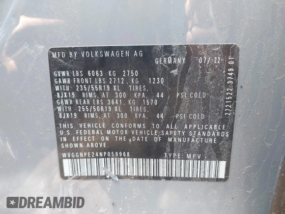 2022 Volkswagen ID.4 Pro S z VIN WVGGNPE24NP059968, wystawiony jako IAAI lot #42210089 z przebiegiem 36 860 mil mil oraz . Historia ofert i sprzedaży dostępna na DreamBid. Obrazek 9.