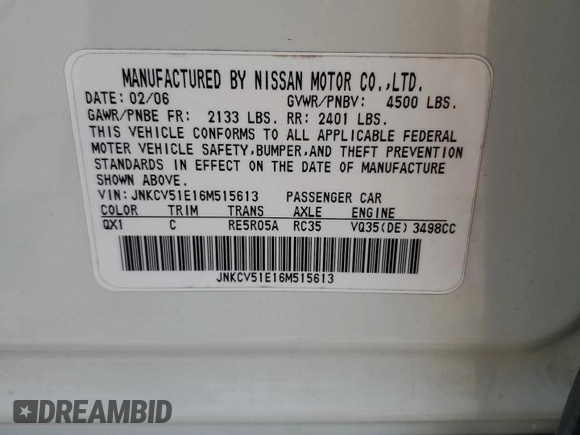 2006 Infiniti G35 with VIN JNKCV51E16M515613, listed as a Copart auction lot 65383564 with Not Provided miles and Salvage Title. Bid and sale history available at DreamBid. Image 14.