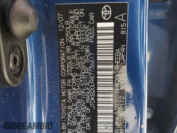 2008 Toyota Prius with VIN JTDKB20U987736617, listed as a Copart auction lot 54795935 with Not Provided miles and Salvage Title. Bid and sale history available at DreamBid. Image 12.