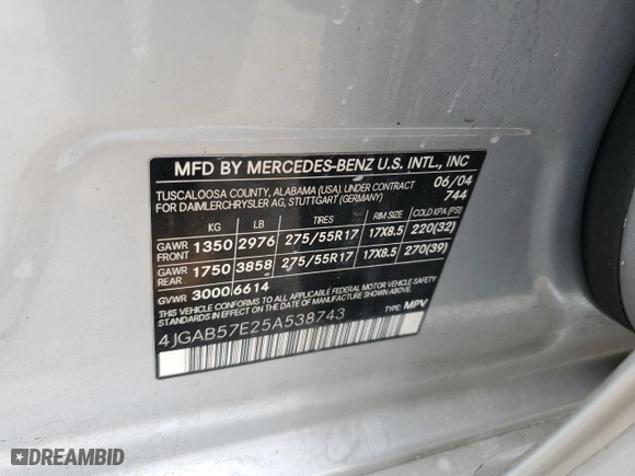 2005 Mercedes-Benz M-Class 3.7L with VIN 4JGAB57E25A538743, listed as a Copart auction lot 51050965 with 130,204 mi miles and Salvage Title. Bid and sale history available at carsss.com. Image 13.