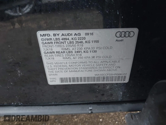 2017 Audi Q3 Premium with VIN WA1ECCFS5HR006322, listed as a IAAI auction lot 41396127 with 46,004 mi miles. Bid and sale history available at carsss.com. Image 9.
