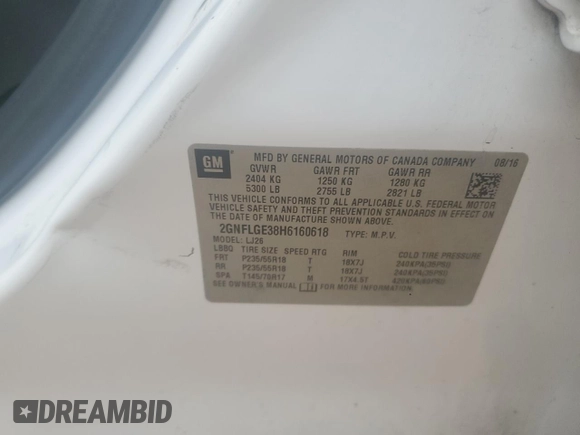 2017 Chevrolet Equinox Premier with VIN 2GNFLGE38H6160618, listed as a Copart auction lot 86702034 with 134,863 mi miles and Salvage Title. Bid and sale history available at carsss.com. Image 15.
