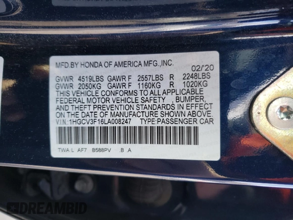 2020 Honda Accord with VIN 1HGCV3F16LA008247, listed as a Copart auction lot 89252795 with 105,021 mi miles and Salvage Title. Bid and sale history available at DreamBid. Image 12.
