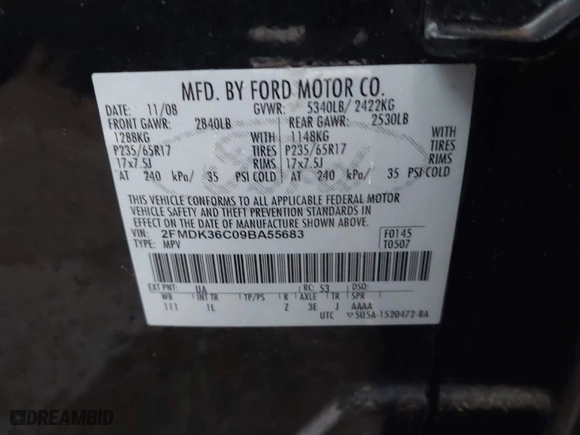 2009 Ford Edge SE with VIN 2FMDK36C09BA55683, listed as a IAAI auction lot 41937968 with 269,370 mi miles. Bid and sale history available at carsss.com. Image 9.
