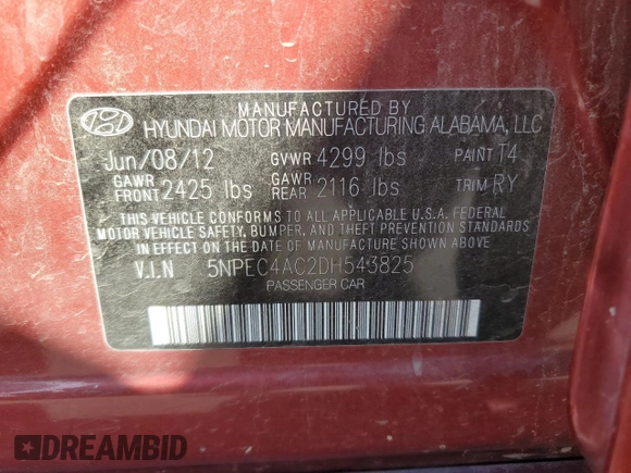 2013 Hyundai Sonata Limited with VIN 5NPEC4AC2DH543825, listed as a Copart auction lot 53912105 with 216,448 mi miles and Clean Title. Bid and sale history available at carsss.com. Image 12.