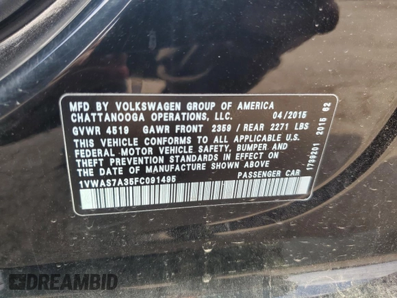 2015 Volkswagen Passat Limited Edition with VIN 1VWAS7A35FC091495, listed as a Copart auction lot 62063035 with 114,870 mi miles and Salvage title. Bid and sale history available at DreamBid. Image 12.