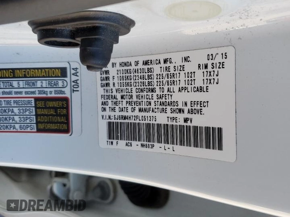 2015 Honda CR-V EX-L with VIN 5J6RM4H72FL051375, listed as a Copart auction lot 50265015 with 104,791 mi miles and Salvage Title. Bid and sale history available at DreamBid. Image 15.