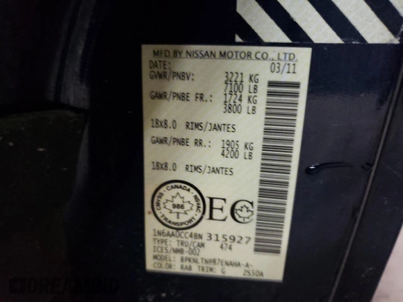 2011 Nissan Titan PRO-4X with VIN 1N6AA0CC4BN315927, listed as a Copart auction lot 80467374 with 101,855 mi miles and Clean Title. Bid and sale history available at carsss.com. Image 12.