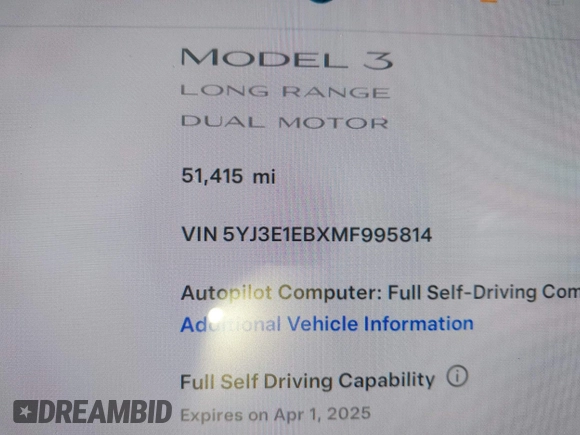 2021 Tesla Model 3 Long Range with VIN 5YJ3E1EBXMF995814, listed as a IAAI auction lot 41838453 with 51,415 mi miles. Bid and sale history available at carsss.com. Image 16.