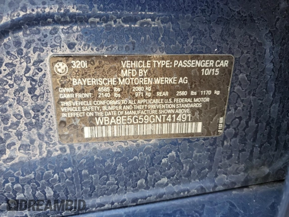 2016 BMW 3 Series 320i xDrive with VIN WBA8E5G59GNT41491, listed as a Copart auction lot 48753615 with 127,305 mi miles and Salvage Title. Bid and sale history available at carsss.com. Image 14.