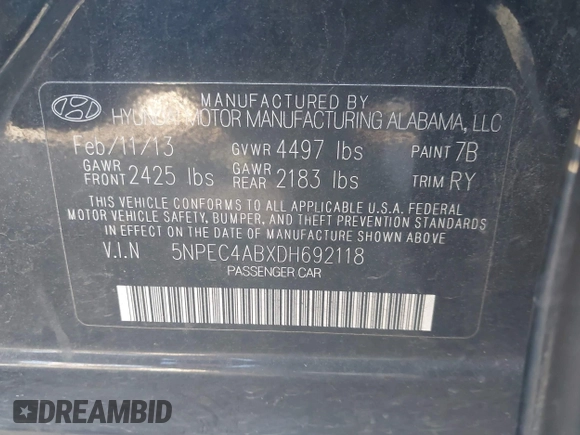 2013 Hyundai Sonata Limited with VIN 5NPEC4ABXDH692118, listed as a IAAI auction lot 42207465 with 208,004 mi miles and . Bid and sale history available at DreamBid. Image 9.