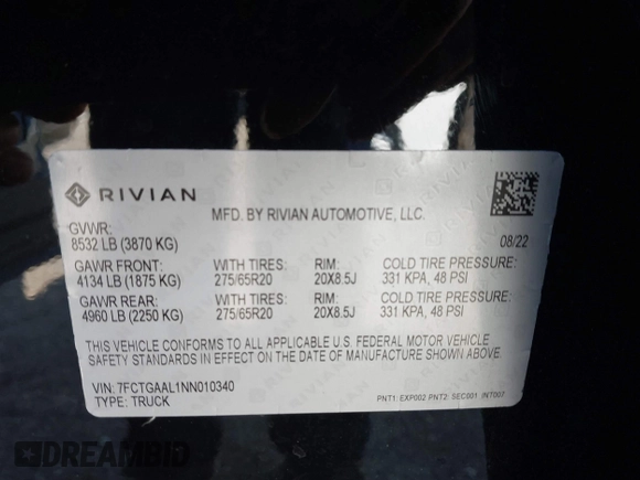 2022 Rivian R1T Launch Edition z VIN 7FCTGAAL1NN010340, wystawiony jako IAAI lot #41656762 z przebiegiem Nie podano mil oraz . Historia ofert i sprzedaży dostępna na DreamBid. Obrazek 9.