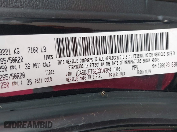 2014 Dodge Durango Citadel with VIN 1C4SDJET5EC314304, listed as a IAAI auction lot 42682540 with 213,651 mi miles and . Bid and sale history available at DreamBid. Image 9.