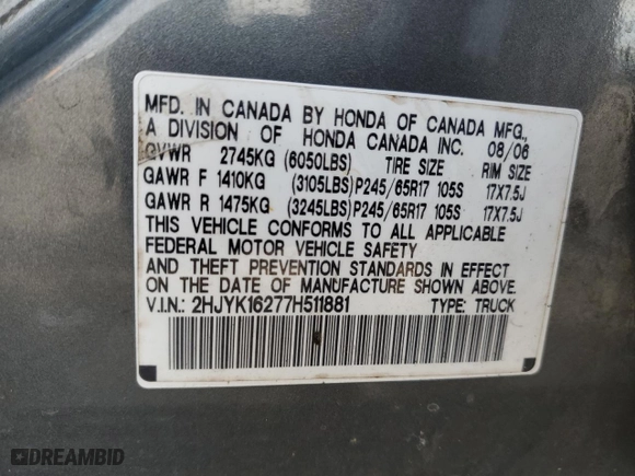 2007 Honda Ridgeline RT with VIN 2HJYK16277H511881, listed as a Copart auction lot 48402785 with 181,985 mi miles and Salvage Title. Bid and sale history available at carsss.com. Image 14.