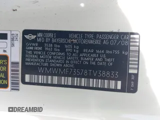 2008 MINI Hardtop S with VIN WMWMF73578TV38833, listed as a IAAI auction lot 42679616 with Not provided miles and . Bid and sale history available at DreamBid. Image 9.