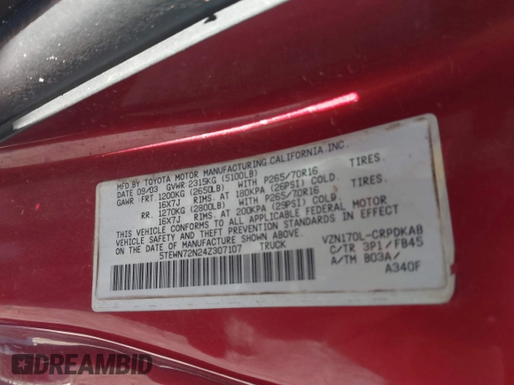 2004 Toyota Tacoma with VIN 5TEWN72N24Z307107, listed as a IAAI auction lot 42045605 with 190,877 mi miles and . Bid and sale history available at DreamBid. Image 9.