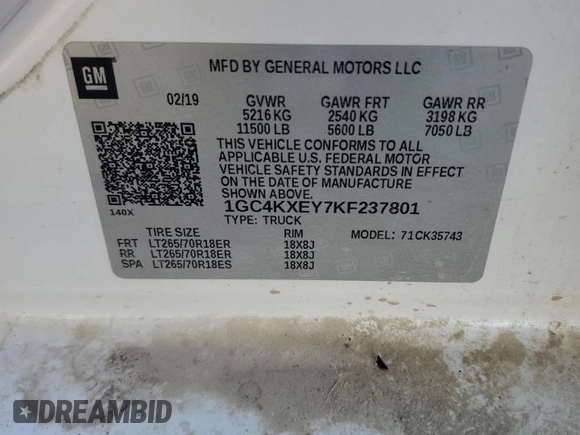 2019 Chevrolet Silverado 3500HD LTZ z VIN 1GC4KXEY7KF237801, wystawiony jako Copart lot #88356795 z przebiegiem Nie podano mil oraz Szkoda całkowita • Salvage title. Historia ofert i sprzedaży dostępna na DreamBid. Obrazek 13.