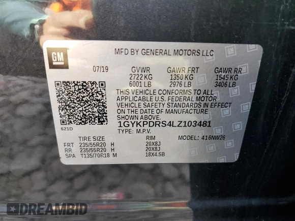 2020 Cadillac XT6 AWD Premium Luxury with VIN 1GYKPDRS4LZ103481, listed as a Copart auction lot 69148554 with 69,407 mi miles and Salvage title. Bid and sale history available at DreamBid. Image 15.