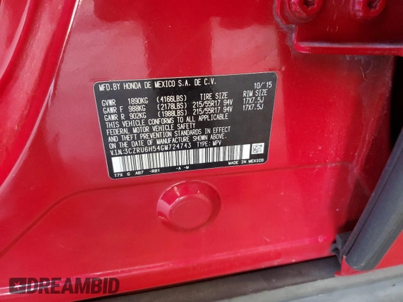 2016 Honda HR-V EX with VIN 3CZRU6H54GM724743, listed as a Copart auction lot 56488925 with 90,969 mi miles and Salvage Title. Bid and sale history available at DreamBid. Image 12.