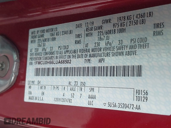 2020 Ford Escape SEL with VIN 1FMCU0H66LUA68502, listed as a IAAI auction lot 41561203 with 140,004 mi miles and . Bid and sale history available at carsss.com. Image 9.
