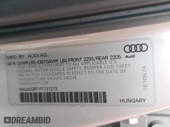 2015 Audi A3 1.8T Premium with VIN WAUACGFF1F1131213, listed as a Copart auction lot 38345894 with 78,666 mi miles. Bid and sale history available at carsss.com. Image 14.