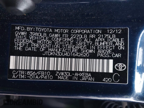 2013 Toyota Prius One with VIN JTDKN3DU4D1642620, listed as a IAAI auction lot 41950146 with Not Provided miles and . Bid and sale history available at DreamBid. Image 9.