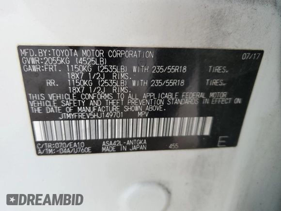 2017 Toyota RAV4 Limited with VIN JTMYFREV5HJ149701, listed as a Copart auction lot 49631805 with 76,023 mi miles and Salvage Title. Bid and sale history available at DreamBid. Image 14.