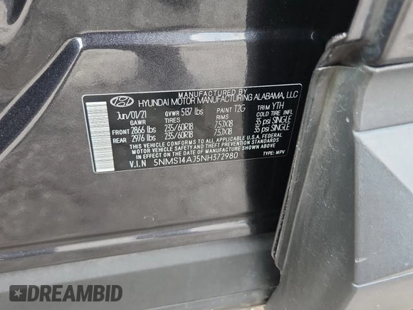 2022 Hyundai Santa Fe SE with VIN 5NMS14AJ5NH372980, listed as a Copart auction lot 60318535 with 61,418 mi miles and Salvage title. Bid and sale history available at DreamBid. Image 13.