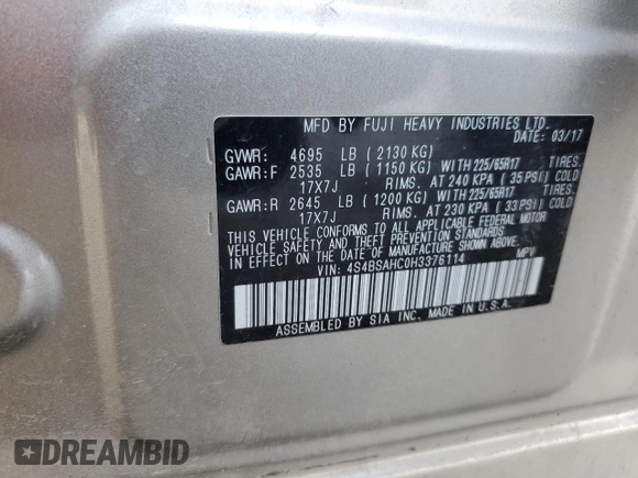 2017 Subaru Outback Premium with VIN 4S4BSAHC0H3376114, listed as a Copart auction lot 44268735 with Not provided miles and Salvage title. Bid and sale history available at DreamBid. Image 14.