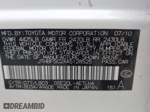 2010 Lexus IS 250 with VIN JTHBF5C2XA5128525, listed as a IAAI auction lot 42764823 with 140,147 mi miles and . Bid and sale history available at DreamBid. Image 9.