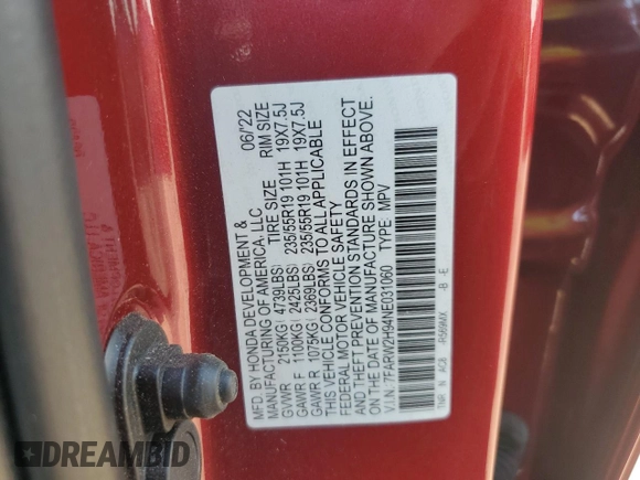 2022 Honda CR-V Touring with VIN 7FARW2H94NE031060, listed as a Copart auction lot 55884655 with 34,419 mi miles and Salvage title. Bid and sale history available at DreamBid. Image 12.