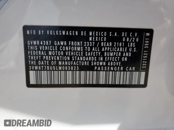 2020 Volkswagen Jetta GLI S z VIN 3VW6T7BU5LM083823, wystawiony jako Copart lot #43552845 z przebiegiem 51 175 mil mil oraz Nie do naprawy • Non repairable. Historia ofert i sprzedaży dostępna na DreamBid. Obrazek 14.