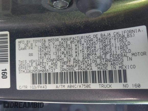 2009 Toyota Tacoma PreRunner with VIN 3TMJU62N59M088137, listed as a IAAI auction lot 41775410 with 217,331 mi miles. Bid and sale history available at carsss.com. Image 9.