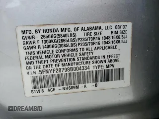 2008 Honda Pilot EX-L with VIN 5FNYF28798B004334, listed as a Copart auction lot 87737055 with 216,630 mi miles and Salvage Title. Bid and sale history available at DreamBid. Image 14.