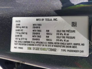 2020 Tesla Model 3 Standard Range Plus with VIN 5YJ3E1EA0LF739462, listed as a IAAI auction lot 42081889 with 65,254 mi miles. Bid and sale history available at carsss.com. Image 9.