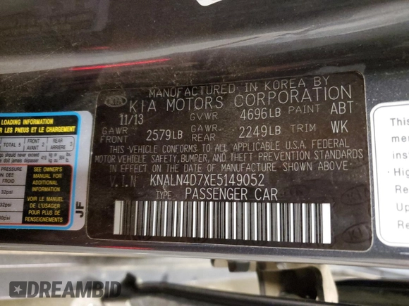 2014 Kia Cadenza Premium with VIN KNALN4D7XE5149052, listed as a Copart auction lot 82341864 with 193,220 mi miles and Salvage Title. Bid and sale history available at carsss.com. Image 12.