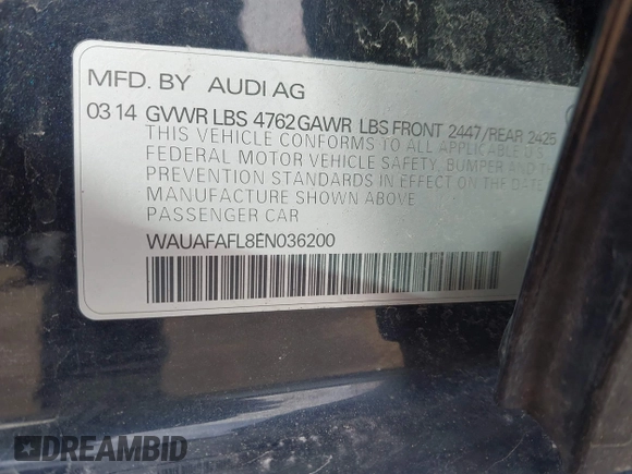2014 Audi A4 Premium with VIN WAUAFAFL8EN036200, listed as a IAAI auction lot 41644783 with 194,626 mi miles. Bid and sale history available at carsss.com. Image 9.