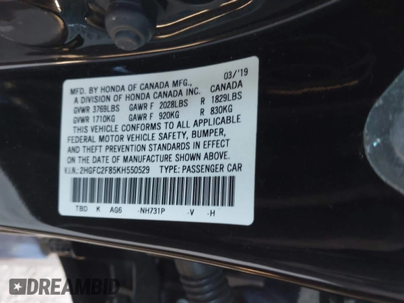 2019 Honda Civic Sedan Sport with VIN 2HGFC2F85KH550529, listed as a IAAI auction lot 41293816 with 44,584 mi miles. Bid and sale history available at carsss.com. Image 9.