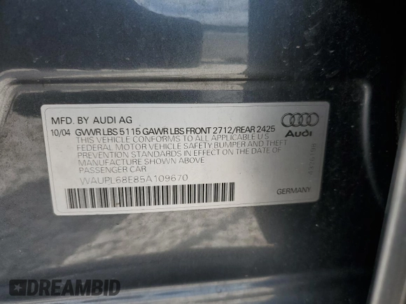 2005 Audi S4 z VIN WAUPL68E85A109670, wystawiony jako Copart lot #55114175 z przebiegiem 98 679 mil mil oraz Szkody całkowita. Historia ofert i sprzedaży dostępna na DreamBid. Obrazek 12.