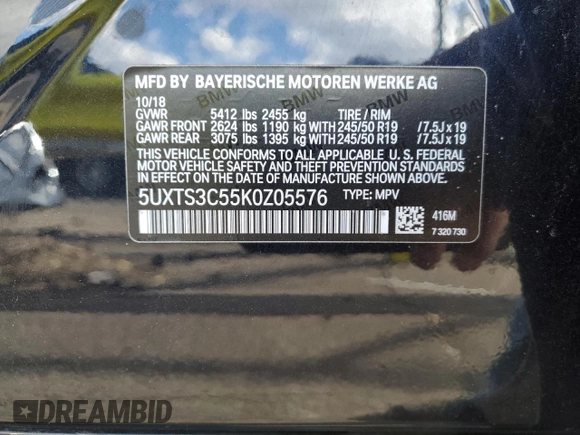 2019 BMW X3 M40i with VIN 5UXTS3C55K0Z05576, listed as a Copart auction lot 88419555 with 87,170 mi miles and Salvage Title. Bid and sale history available at DreamBid. Image 13.