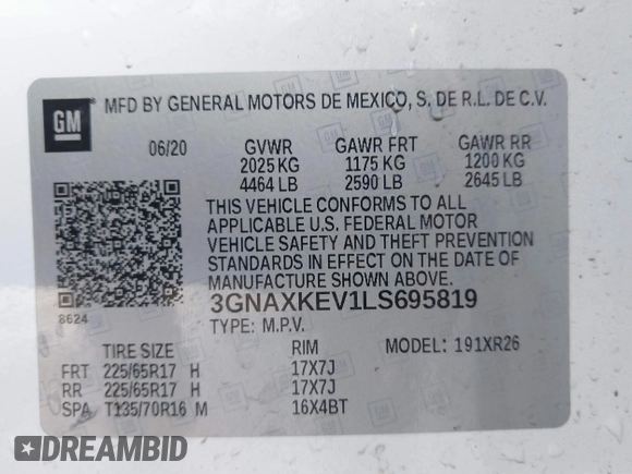 2020 Chevrolet Equinox LT with VIN 3GNAXKEV1LS695819, listed as a IAAI auction lot 41860240 with 57,214 mi miles. Bid and sale history available at carsss.com. Image 9.