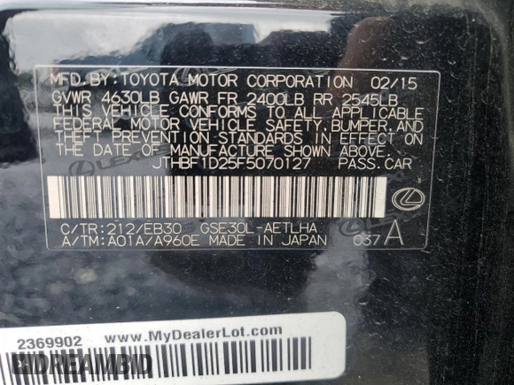 2015 Lexus IS 250 with VIN JTHBF1D25F5070127, listed as a Copart auction lot 54527055 with 144,586 mi miles and Salvage title. Bid and sale history available at DreamBid. Image 12.