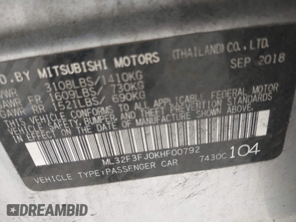 2019 Mitsubishi Mirage ES z VIN ML32F3FJ0KHF00792, wystawiony jako IAAI lot #42216324 z przebiegiem 83 341 mil mil oraz . Historia ofert i sprzedaży dostępna na DreamBid. Obrazek 9.