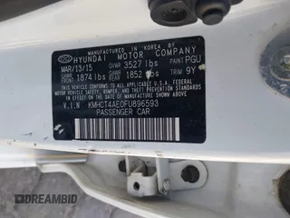 2015 Hyundai Accent GLS with VIN KMHCT4AE0FU896593, listed as a IAAI auction lot 42081643 with 175,346 mi miles and . Bid and sale history available at DreamBid. Image 9.