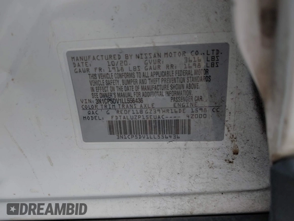 2020 Nissan Kicks SR with VIN 3N1CP5DV1LL556436, listed as a IAAI auction lot 41576013 with 97,953 mi miles. Bid and sale history available at carsss.com. Image 9.