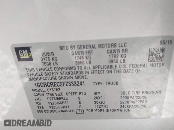 2015 Chevrolet Silverado 1500 LT with VIN 1GCRCREC5FZ333241, listed as a IAAI auction lot 42279944 with 126,473 mi miles and . Bid and sale history available at DreamBid. Image 9.