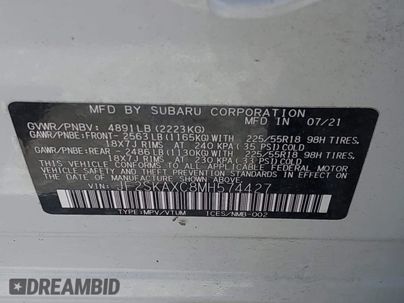 2021 Subaru Forester Touring with VIN JF2SKAXC8MH574427, listed as a IAAI auction lot 42529701 with 11,409 mi miles and . Bid and sale history available at DreamBid. Image 9.