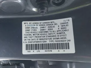 2019 Honda Civic Sedan LX with VIN 2HGFC2F69KH515264, listed as a IAAI auction lot 41727578 with 51,242 mi miles. Bid and sale history available at carsss.com. Image 9.
