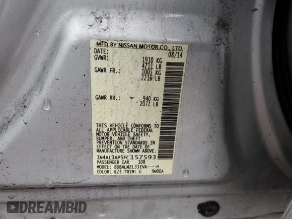 2015 Nissan Altima 2.5 S with VIN 1N4AL3AP5FC157593, listed as a Copart auction lot 51307755 with 111,214 mi miles and Salvage Title. Bid and sale history available at carsss.com. Image 12.